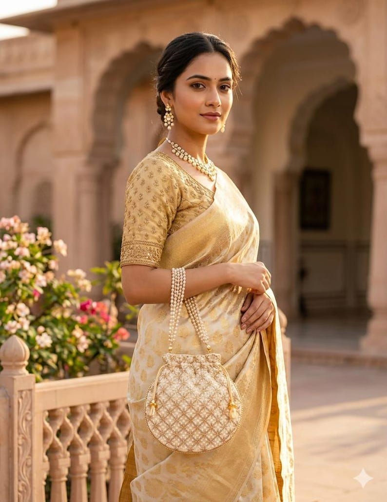 May include: A round, cream-colored drawstring handbag featuring a detailed gold-toned lattice embroidery pattern and a handle made of multiple strands of small white pearls, designed with a gathered top closure and matching gold-toned tassels.