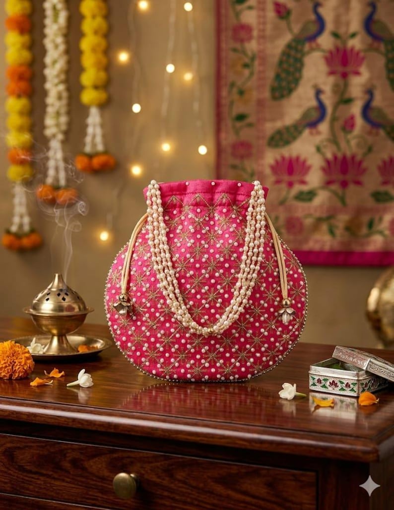 May include: A bright pink drawstring pouch bag featuring intricate gold embroidery and small white pearl embellishments. The bag has a double-strand pearl handle and a gathered top closure, showcasing a detailed star-like pattern across the fabric.