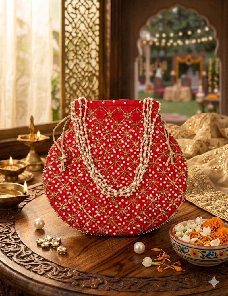 May include: A round red drawstring pouch featuring intricate gold thread embroidery in a diamond pattern, embellished with numerous small white faux pearls. The bag includes a long, multi-strand white faux pearl handle and light-colored cord ties.