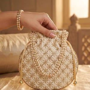May include: A round, cream-colored drawstring pouch featuring intricate gold embroidery and small white pearl embellishments. The bag includes a handle made of multiple strands of white pearls and gold-toned metal drawstring ends.