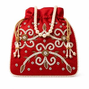 May include: A red drawstring pouch bag featuring intricate embroidery with white pearl beads and gold metallic thread. The bag has a pearl bead handle and gold cord drawstrings with pearl-tipped tassels, finished with a pearl bead border.