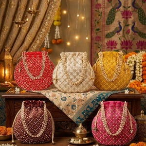 May include: Five round drawstring pouches featuring intricate embroidery and pearl-beaded handles. The bags are presented in red, cream, yellow, maroon, and pink, each decorated with a repeating star-like pattern and small white beads.