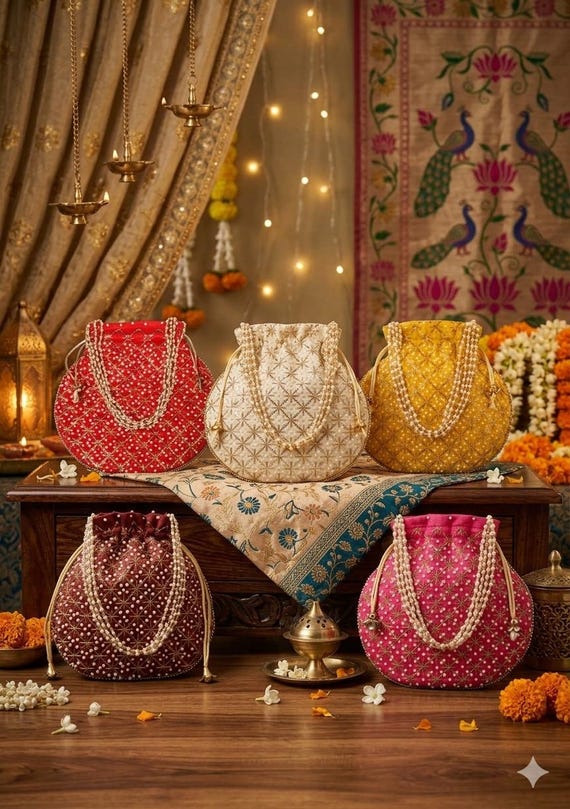 Traditional Silk Embroidered Potli Bag with Pearl Handle