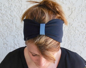 Dark Blue Headband with Ice Blue Leather Embellishment, Faux Turban, Jersey Turban Headband, Head wrap, Workout Headband, Adult Head wrap,