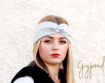 Heather Grey Twist Headband, Faux Turban, Turban Headband, Headwrap, Workout Headband, Adult Head wrap, Jersey Headbands