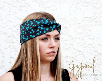 Turquoise Stains Printed Twist Headband, Brown Faux Turban, Turban Headband, Headwrap, Workout Headband, Adult Head wrap, Gift for her