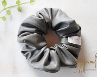 Vegan Leather Scrunchie, Chunky Warm Grey Hair Tie, Messy Bun Holder, Elastic Hair TiePony Tail Tie, Hair Accessory for Women Girls