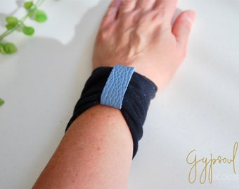Solid Dark Blue Wrist Cuff Jersey Wrist Bracelet with Ice Blue Leather Embellishment Fashion accessory Wrist Tattoo Cover Fabric Jewellery