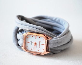 Pink Gold Rectangular Wrap Watch Bracelet Grey Stretch Wrist Watch Fashion accessory Women Teens Wrist Tattoo Cover, Watch for women