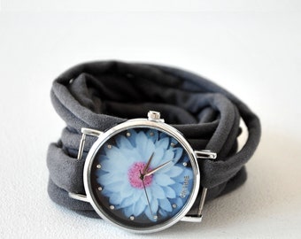 Dark Grey Round FLOWER Wrap Watch Bracelet Stretch Wrist Watch Fashion accessory Women Teens Wrist Tattoo Cover, Watch for women