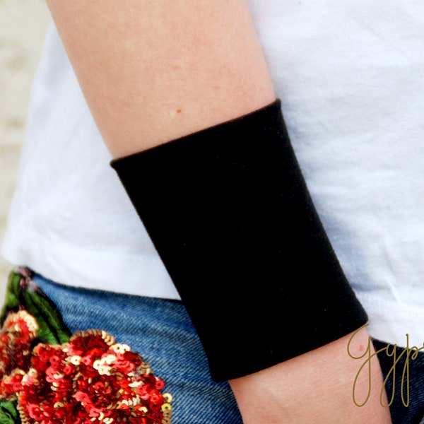 Manchette en jersey noir uni, accessoire de mode pour femmes, couverture de tatouage au poignet pour adolescents, bracelet en tissu bijoux