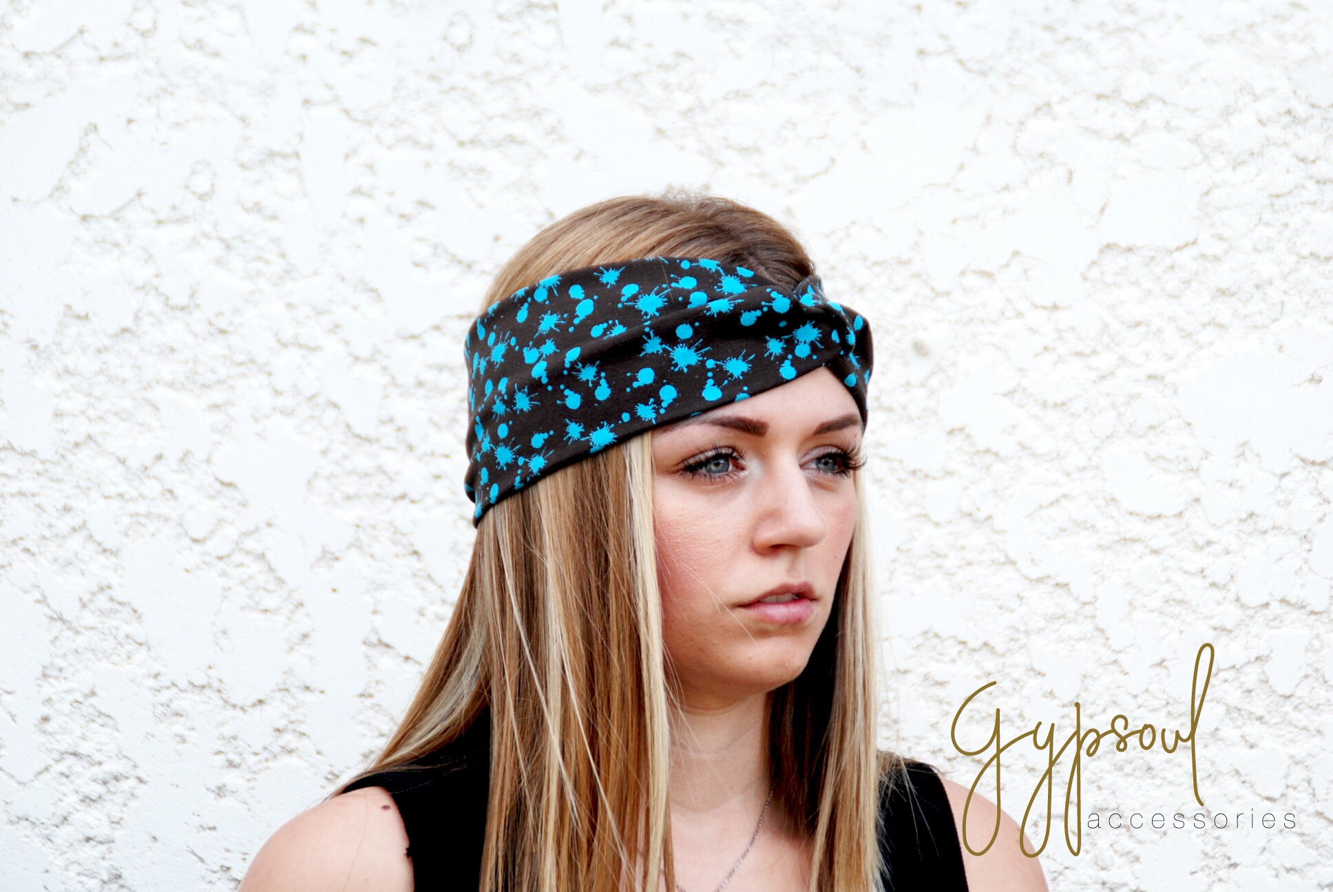 Turquoise Stains Printed Twist Headband, Brown Faux Turban 