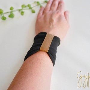 Solid BLACK Wrist Cuff Jersey Wrist Bracelet with BROWN Leather Embellishment Fashion accessory Wrist Tattoo Cover Fabric Jewellery