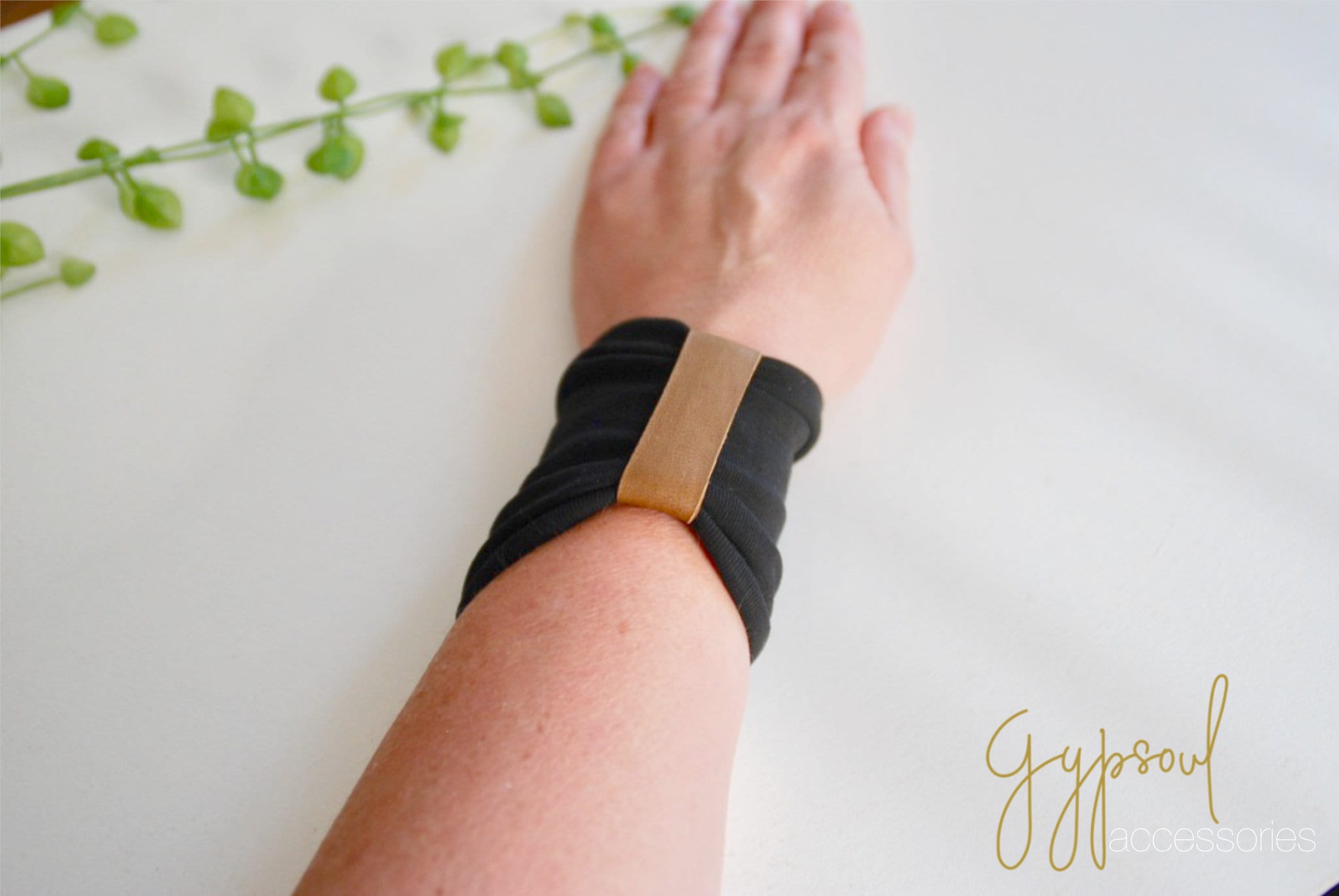 Solid BLACK Wrist Cuff Jersey Wrist Bracelet with BROWN Leather Embellishment Fashion accessory Wrist Tattoo Cover Fabric Jewellery