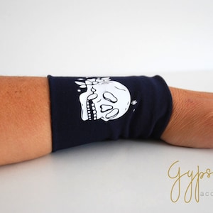 White SKULL Wrist Cuff Dark Blue Jersey Bracelet Fashion accessory Women Teens Wrist Tattoo Cover Wrap Bracelet Fabric Jewellery