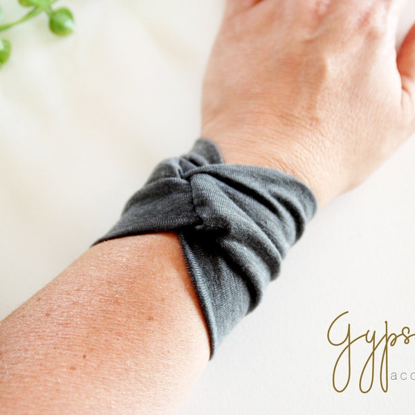 Solid Dark GREY Twist Wrist Cuff GRAY Jersey Wrist Bracelet Fashion accessory Women Teens Wrist Tattoo Cover Wrap Bracelet Fabric Jewellery
