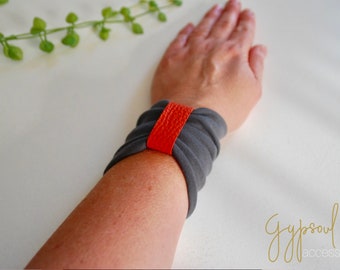 Solid Dark GREY Wrist Cuff Jersey Wrist Bracelet with Light RED Leather Embellishment Fashion accessory Wrist Tattoo Cover Fabric Jewellery
