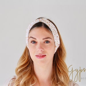 Pink Gold Dotted Twist Headband, WHITE Faux Turban,  Turban Headband, Workout Headband, Adult Head wrap, Jersey Headband