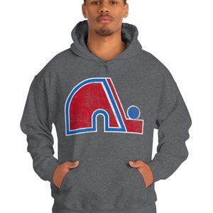 EWMDesign Quebec Nordiques Worn Logo Retro Hockey Hooded Sweatshirt- Old Time Hockey Hoody - Defunct Hockey Team