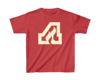 Kids Atlanta Flames Hockey T-Shirt - with Worn Logo - Retro Vintage NHL Hockey Shirt