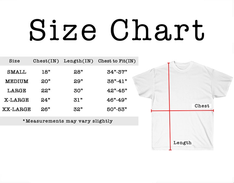 Peut inclure: Un t-shirt blanc avec un tableau des tailles. Le tableau indique les mesures de la poitrine et de la longueur en pouces pour les tailles allant de petit &agrave; tr&egrave;s grand. Le texte "Tableau des tailles" est en haut.