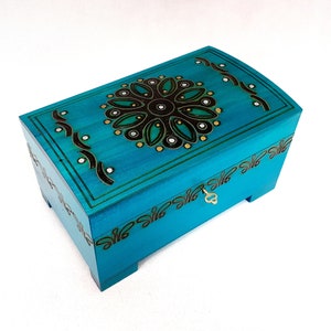Grande scatola blu di legno 25x15x14 cm, petto, cassetto, scatola di gioielli, scatola dell'oceano, scatola di make up, scatola intagliata a mano, scatola ricordo, scatola chiudibile a chiave, bara