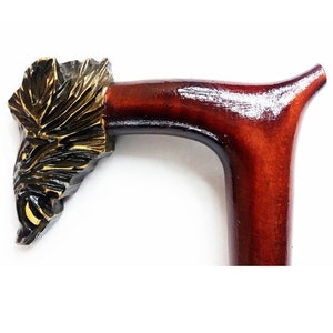 wolf walking cane, wolf walking stick, wooden walking stick, wooden walking cane, carved cane, handle carved cane, hand carved cane