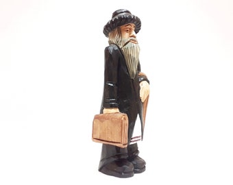 jewish with suitcase and umbrella sculpture hand painted, hand carved wood sculpture, vintage wood carving, carving wood, wooden sculpture