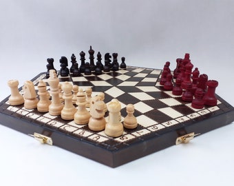 big brown new hand crafted wooden chess set for three, hand made brown wooden chess board, wood carved chess set, chess set, family game
