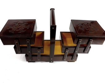 medium decorative storage box for sewing kit, wooden accordion box, threads box, sewing box, jewelry box