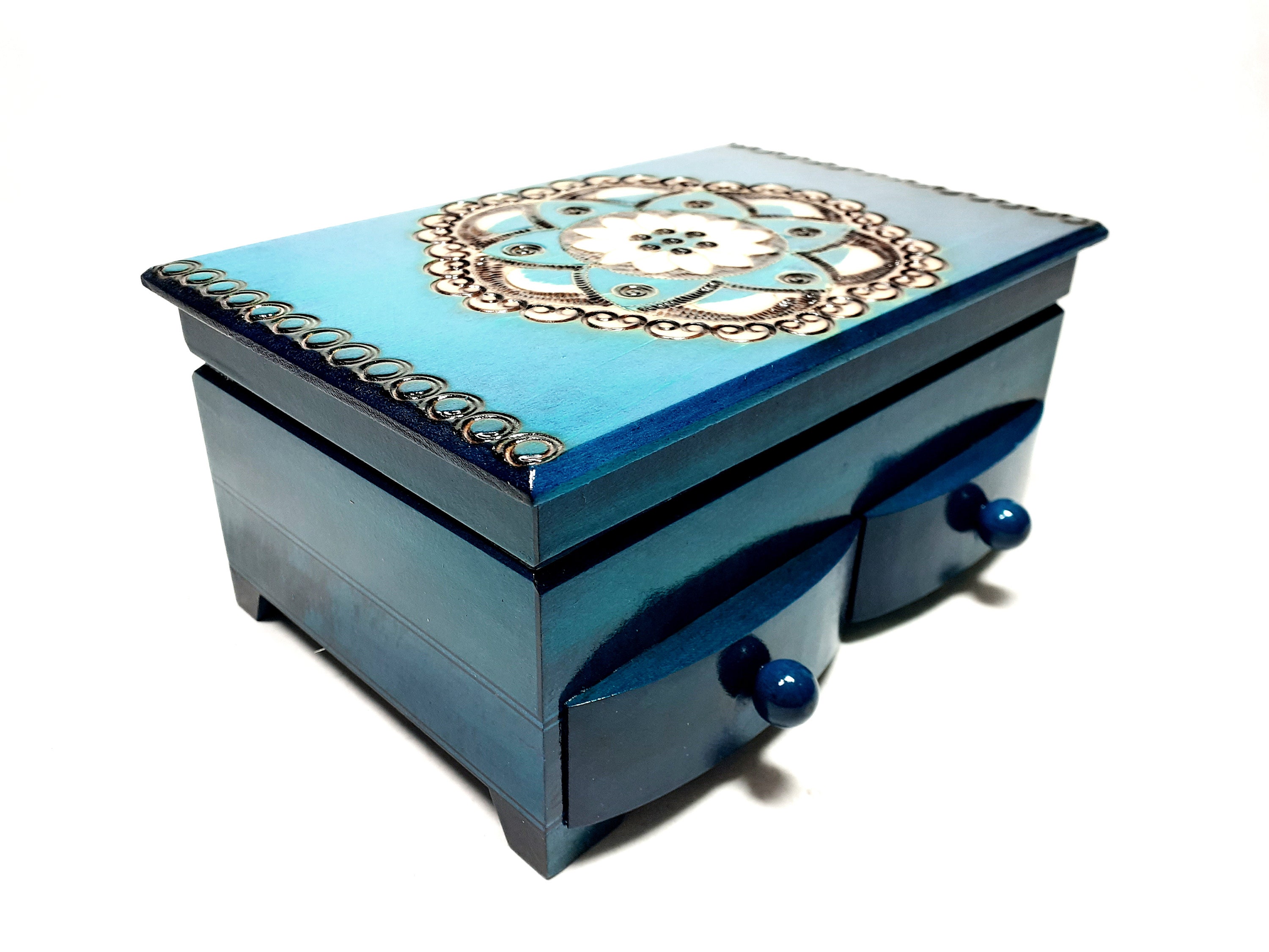 Wooden Blue Jewelry Box With Drawers and Mirror, Mini