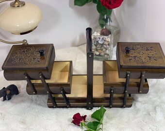 gran caja plegable marrón oscuro de madera para kit de costura o joyería, caja de almacenamiento tallada en madera para equipos de costura, caja de madera tallada para joyas