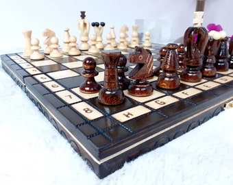 medium 31 cm dark brown new hand crafted wooden chess set, dark brown wooden chess board, wood carved chess set, medium chess, family games