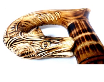 fox walking cane, fox walking stick, wooden walking stick, wooden walking cane, carved cane, handle carved cane, hand carved cane