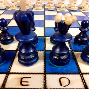 medium 34 cm blue new hand crafted wooden chess set, blue wooden chess board, wood carved chess set, chess set, family gamegift for mother