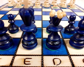 medium 34 cm blue new hand crafted wooden chess set, blue wooden chess board, wood carved chess set, chess set, family gamegift for mother