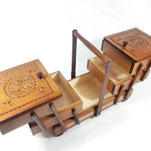 big wooden light brown box for sewing kit,  wood carved storage box for sewing equipment, carved wood box for yewelrygift for mother