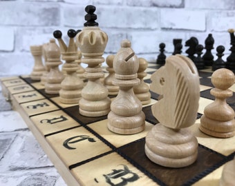 big hand crafted wooden chess set, no varnished chess, natural wooden chess board, wood carved chess set