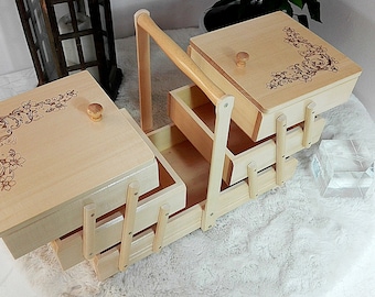 Caja natural grande de madera para kit de costura, caja de almacenamiento de madera tallada con adornos para equipos de costura, caja de madera tallada para joyería