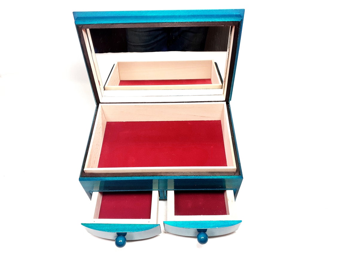 Wooden Blue Jewelry Box With Drawers and Mirror Mini Commode Etsy