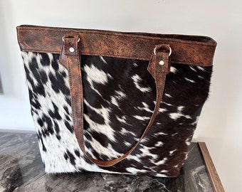Cowhide Leather Handbag Large Tote Purse Bag Shoulder Bag Real Cowhide Brown and White mother's day gift.christmas gift
