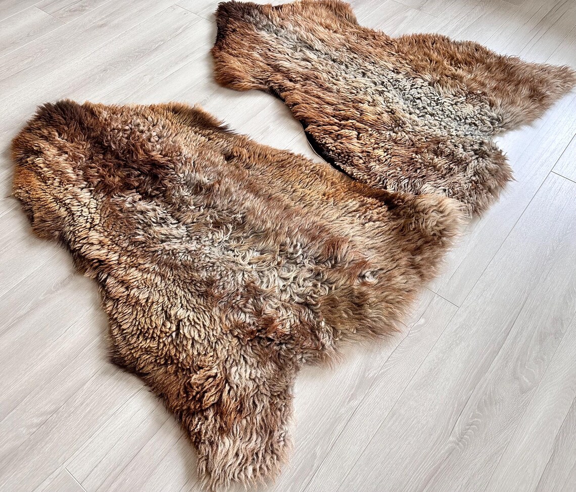 Set of 2 Handmade Curly Sheepskin Rugs, Golden Brown Mink - Etsy