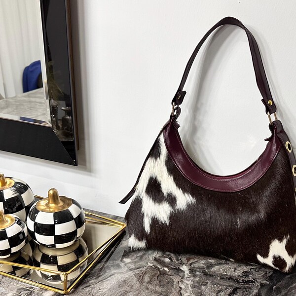 Natural Cowhide  Cowhide Rug Patchwork Bag Handmade Cowhide Leather Bag Cowhide Patchwork Bag Leather Shoulder Handbag