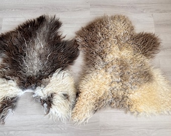 Set of 2 Natural Sheepskin Rugs, Genuine Wool Throw, Sofa Chair Cover
