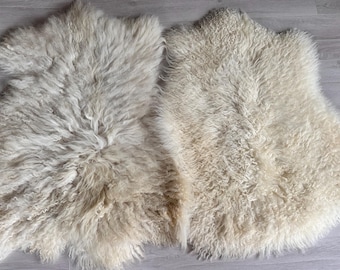 Set of 2 Natural Sheepskin Rugs, Genuine Cream Wool Throw, Soft Sofa Chair Cover