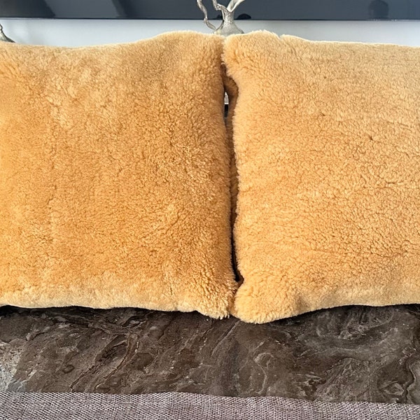 Set of 2.Genuine Sheepskin Pillow. Throw Pillow - Shearling Home Decor.Super Soft Premium Quality Accent Pillow.camel pillow