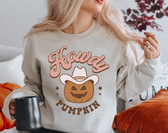 ハロウィン クルーネックスウェットシャツ、ハウディパンプキン、ハロウィンスウェットシャツ、レトロハロウィン