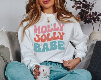 ホリージョリーベイブスウェットシャツ、レトロクリスマススウェットシャツ、かわいいクリスマススウェットシャツ、レディースクリスマスセーター
