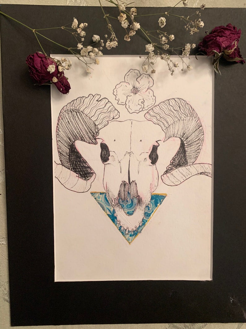 Pu&ograve; includere: Un disegno in bianco e nero di un cranio di ariete con un fiore in cima. Il cranio &egrave; circondato da un triangolo fatto di carta a motivi blu e dorati.