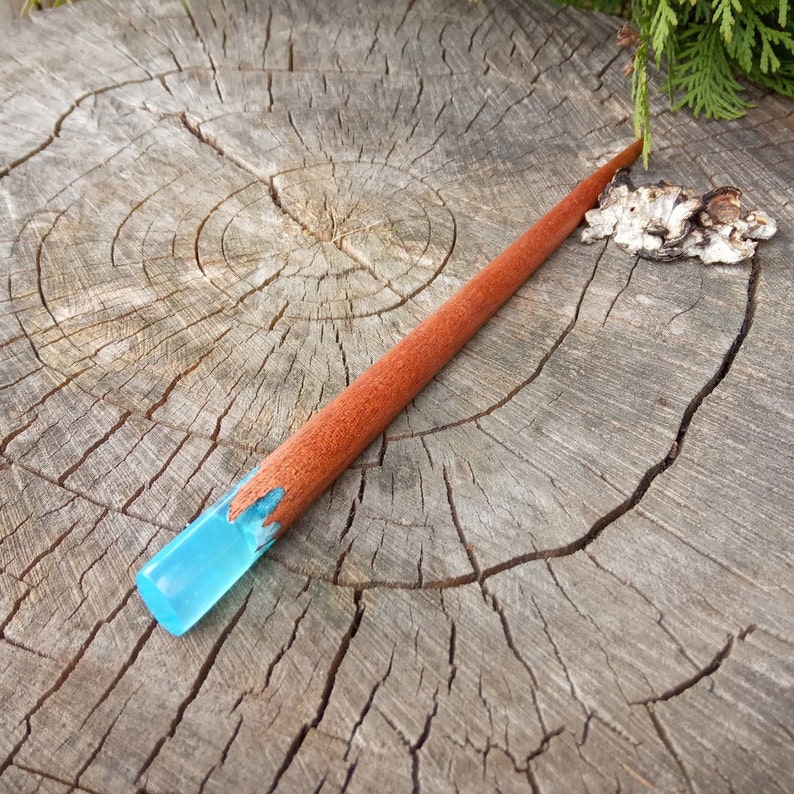 Mahogany hair stick Bun holder Long hair accessories hair stick Wood hair stick Womens hair Gift Resin hair fork Hair slide Blue Resin Stick